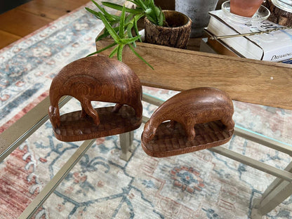 Hand - Carved Wood Drinking Antelope Figurines, Pair — Solid Wood, African, c. Mid - 20th Century - Loom Vintage