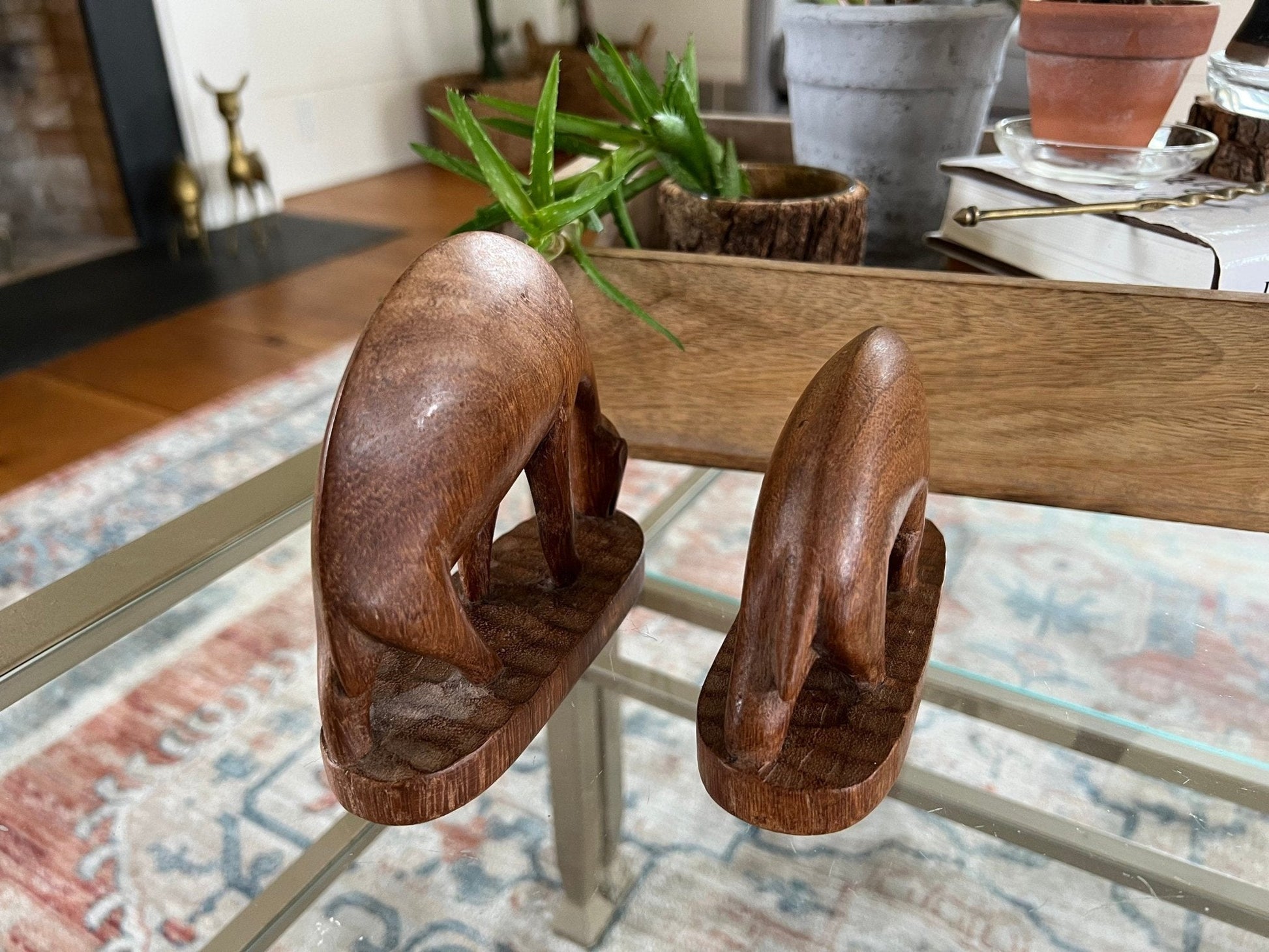 Hand - Carved Wood Drinking Antelope Figurines, Pair — Solid Wood, African, c. Mid - 20th Century - Loom Vintage