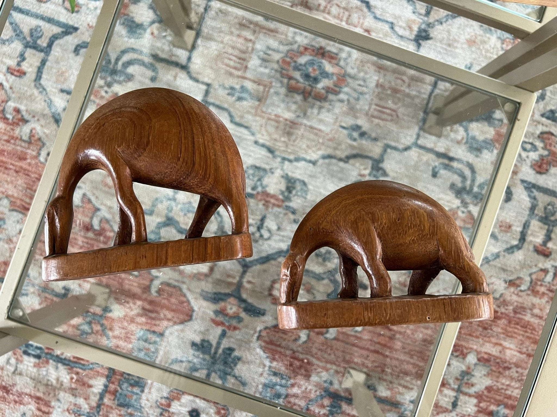 Hand - Carved Wood Drinking Antelope Figurines, Pair — Solid Wood, African, c. Mid - 20th Century - Loom Vintage