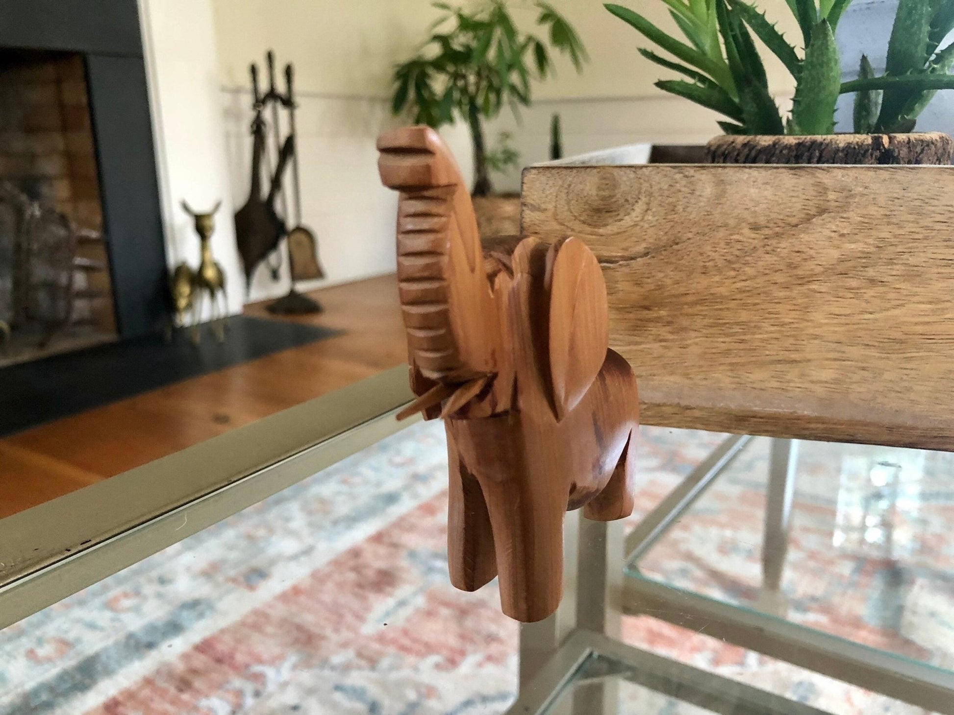 Hand - Carved Wood Elephant Figurine with Tusks — 3.75"H, African Folk Art - Loom Vintage
