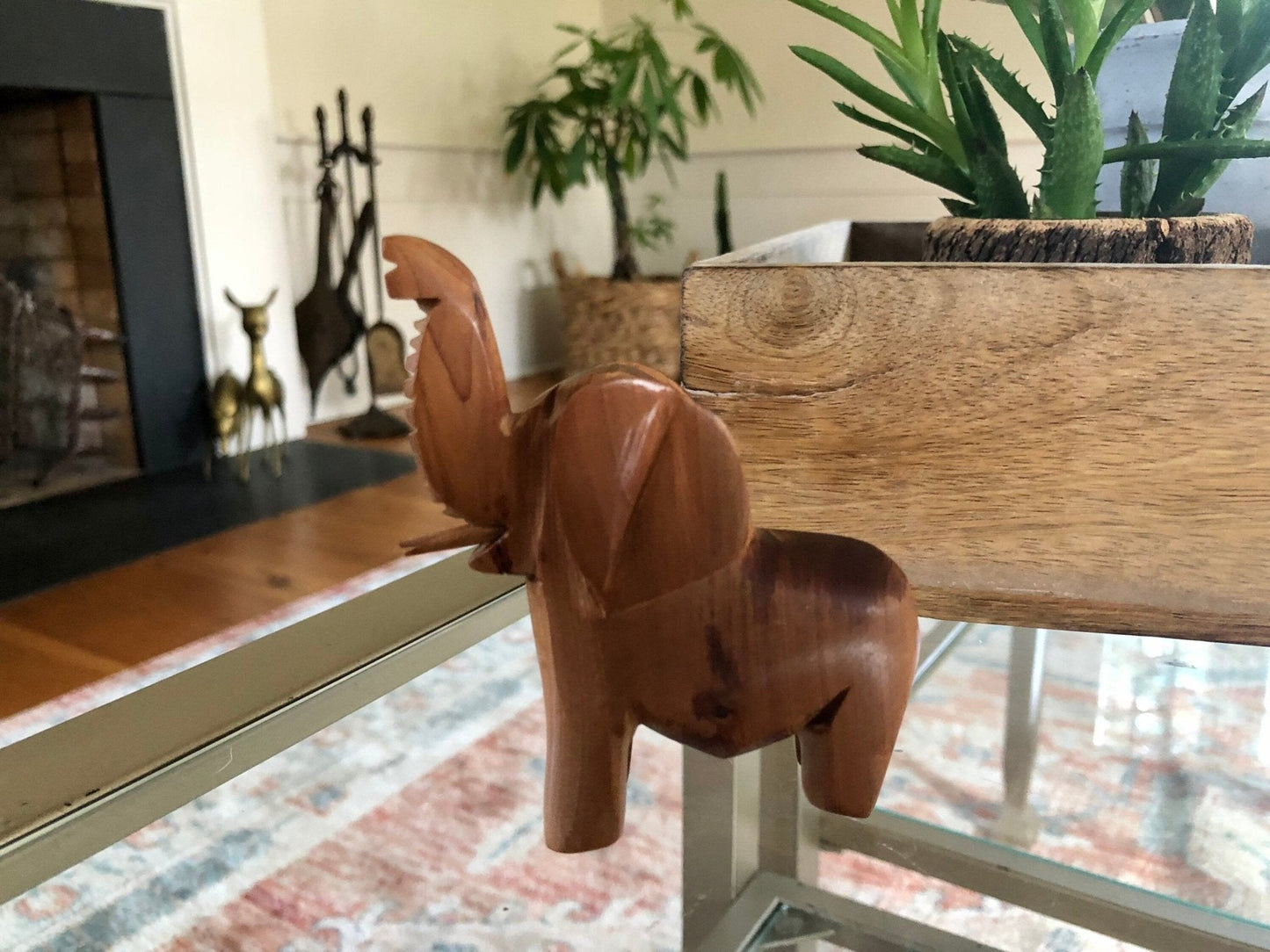 Hand - Carved Wood Elephant Figurine with Tusks — 3.75"H, African Folk Art - Loom Vintage