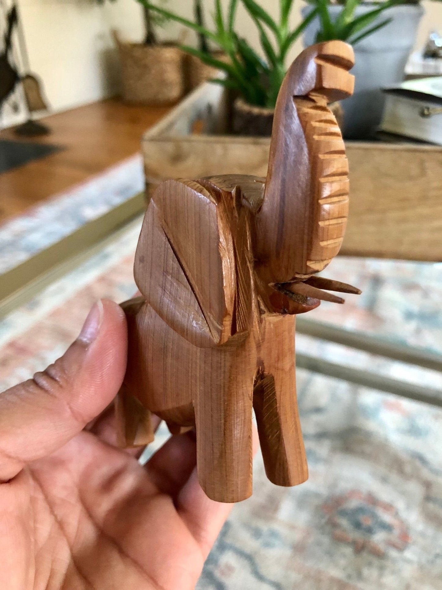 Hand - Carved Wood Elephant Figurine with Tusks — 3.75"H, African Folk Art - Loom Vintage