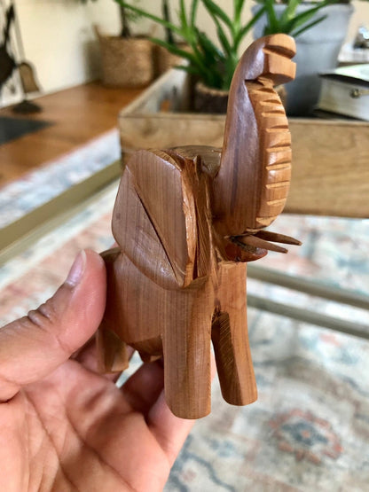 Hand - Carved Wood Elephant Figurine with Tusks — 3.75"H, African Folk Art - Loom Vintage