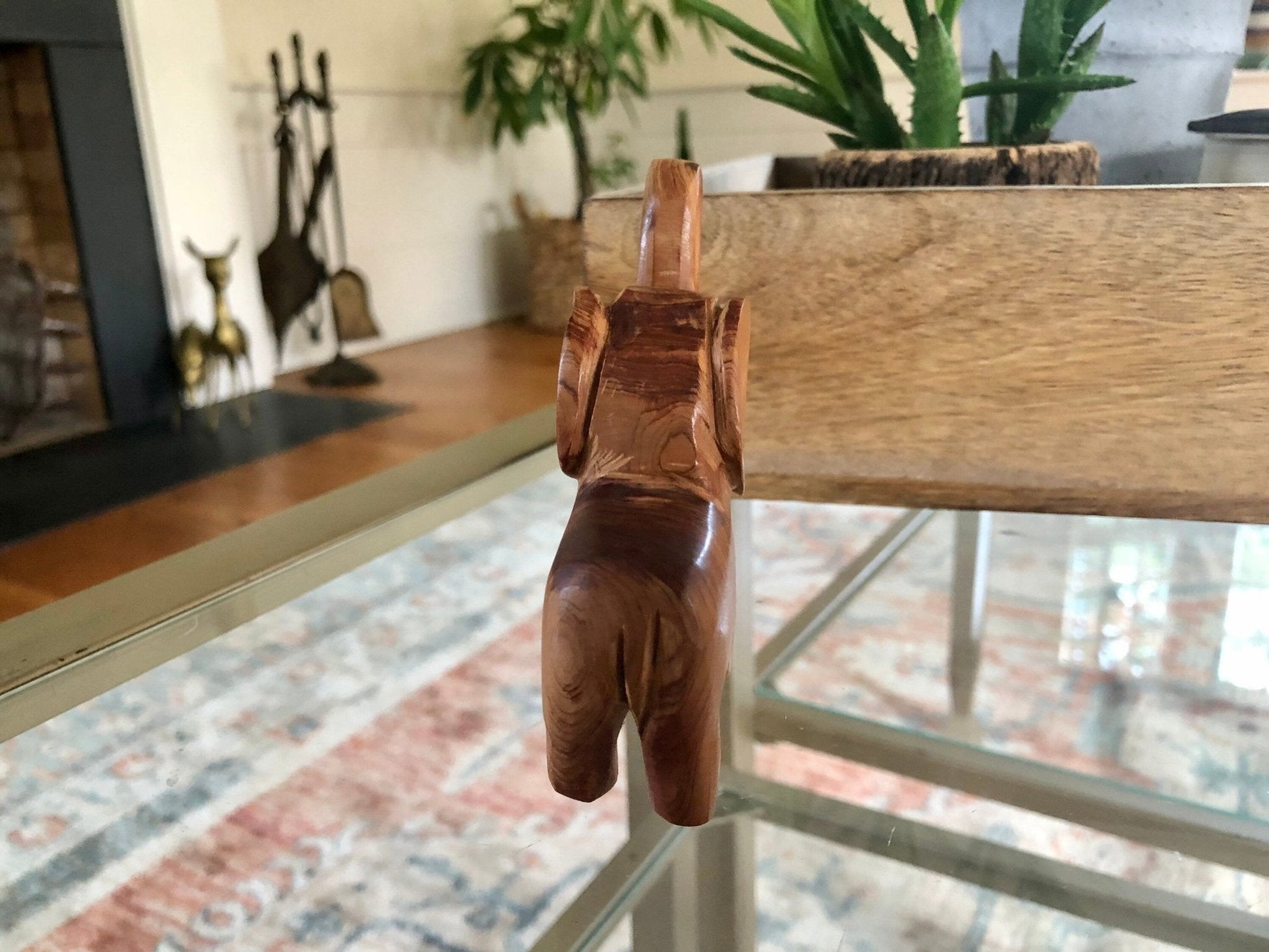 Hand - Carved Wood Elephant Figurine with Tusks — 3.75"H, African Folk Art - Loom Vintage
