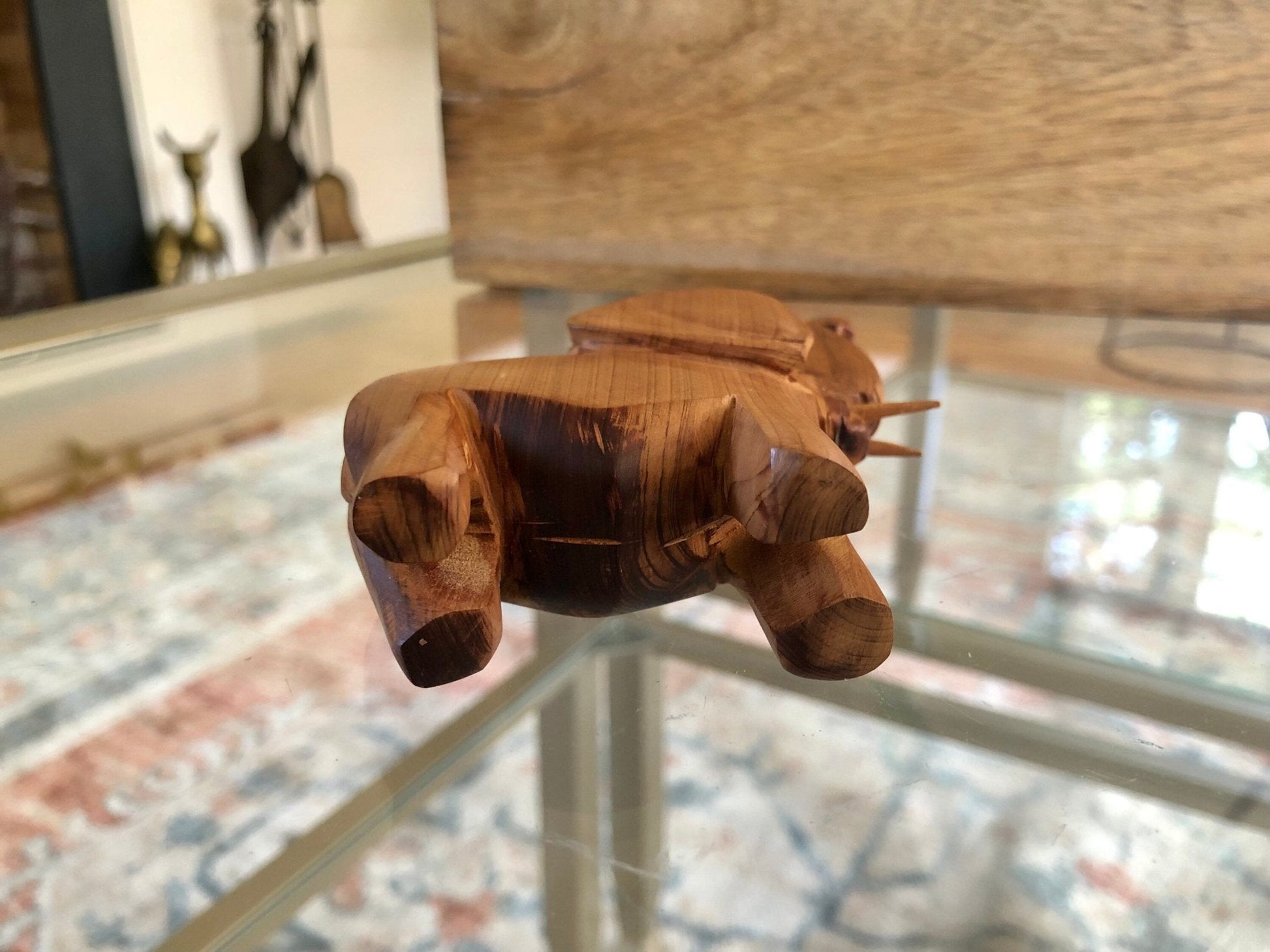 Hand - Carved Wood Elephant Figurine with Tusks — 3.75"H, African Folk Art - Loom Vintage