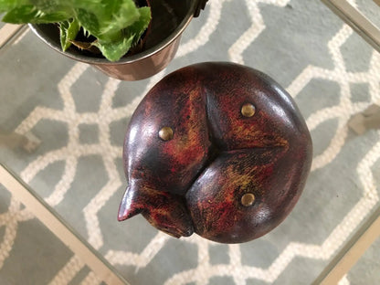 Hand-Carved Wood Sleeping Cat with Brass and Copper Inlay — 4" diameter, Paperweight - Loom Vintage