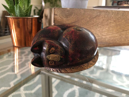 Hand-Carved Wood Sleeping Cat with Brass and Copper Inlay — 4" diameter, Paperweight - Loom Vintage