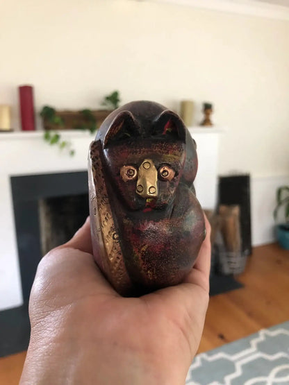 Hand-Carved Wood Sleeping Cat with Brass and Copper Inlay — 4" diameter, Paperweight - Loom Vintage