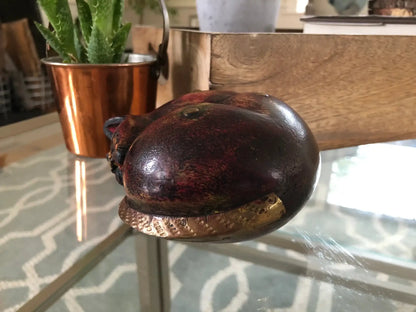 Hand-Carved Wood Sleeping Cat with Brass and Copper Inlay — 4" diameter, Paperweight - Loom Vintage