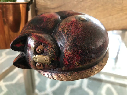 Hand-Carved Wood Sleeping Cat with Brass and Copper Inlay — 4" diameter, Paperweight - Loom Vintage