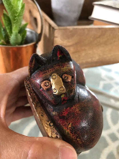 Hand-Carved Wood Sleeping Cat with Brass and Copper Inlay — 4" diameter, Paperweight - Loom Vintage