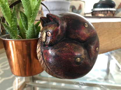 Hand-Carved Wood Sleeping Cat with Brass and Copper Inlay — 4" diameter, Paperweight - Loom Vintage