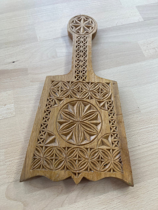 Hand - Carved Wood Trivet — Geometric Star & Lattice Cutwork, Paddle Form, Folk Art - Loom Vintage