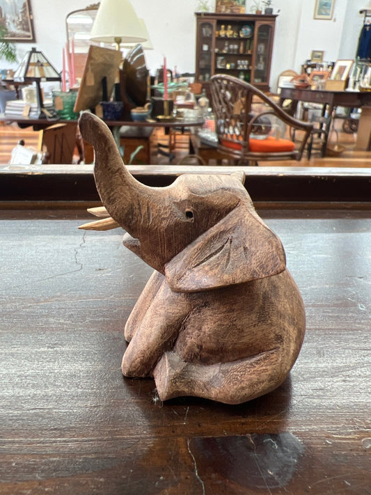 Hand Carved Wooden Baby Elephant Figurine – Natural Finish (4.75” Tall) - Loom Vintage
