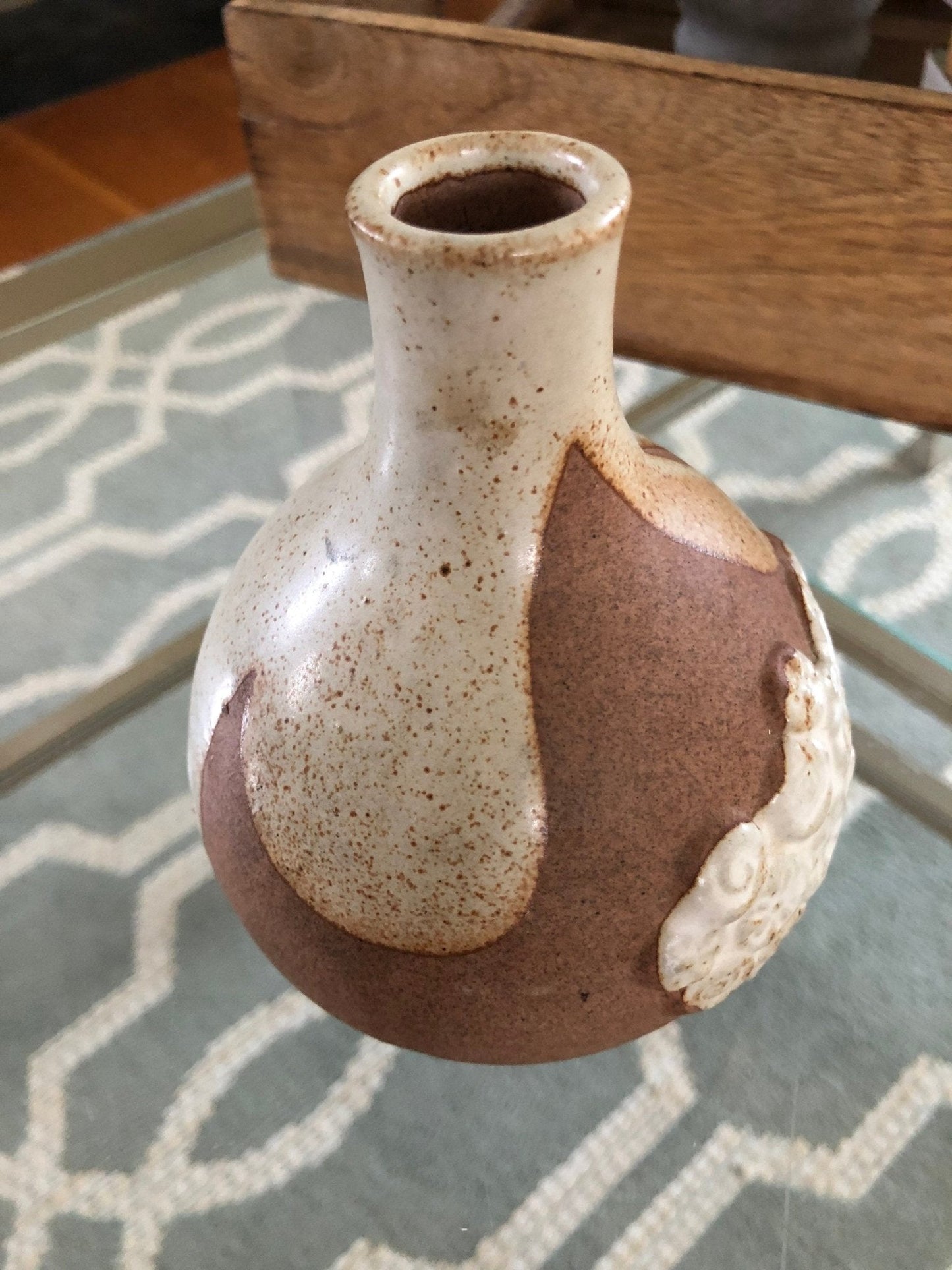 Hand - Made Pottery Bud Vase — Geometric Floral, Brown & Beige, 5"H, Chip at Mouth - Loom Vintage