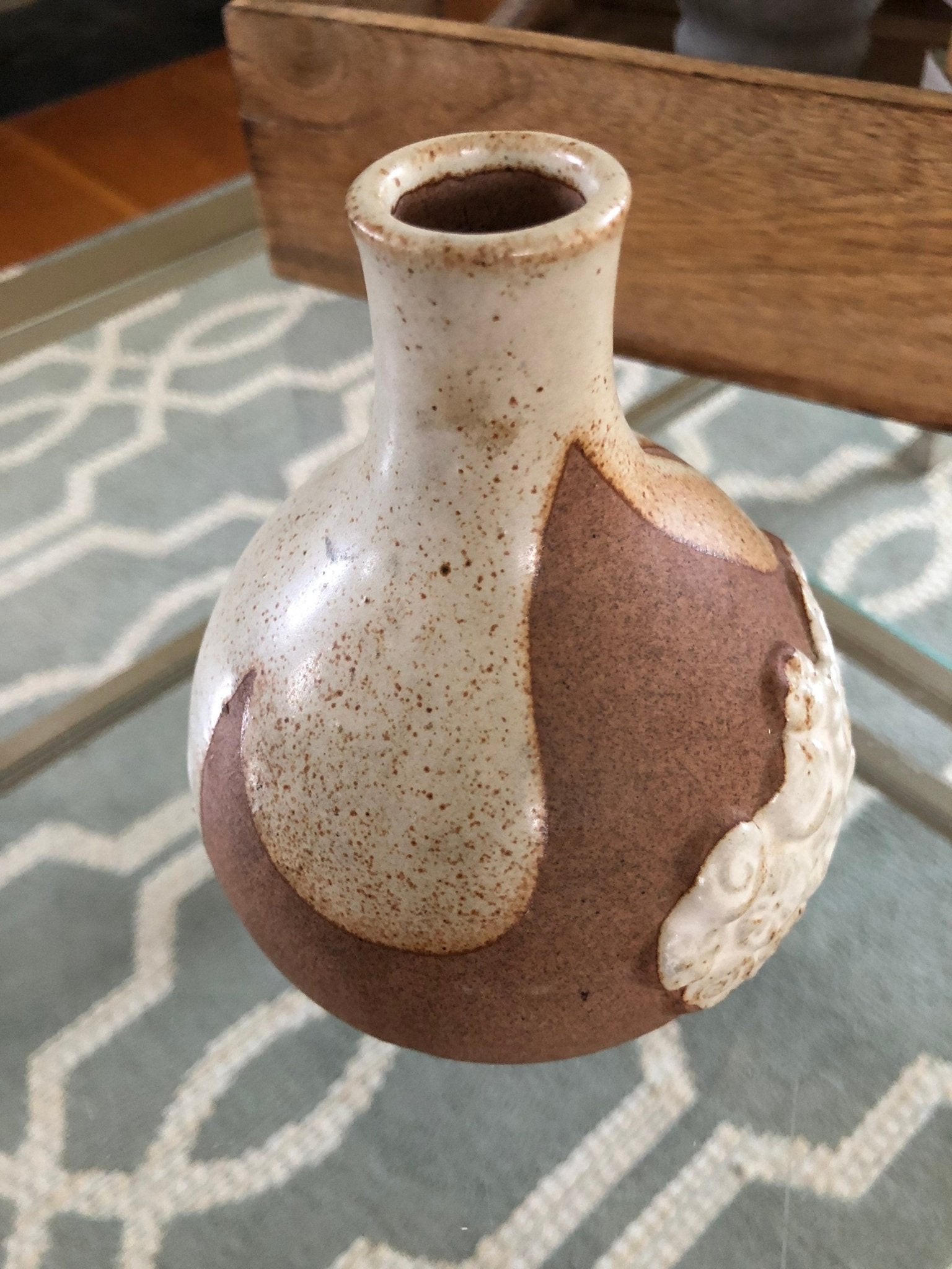 Hand - Made Pottery Bud Vase — Geometric Floral, Brown & Beige, 5"H, Chip at Mouth - Loom Vintage