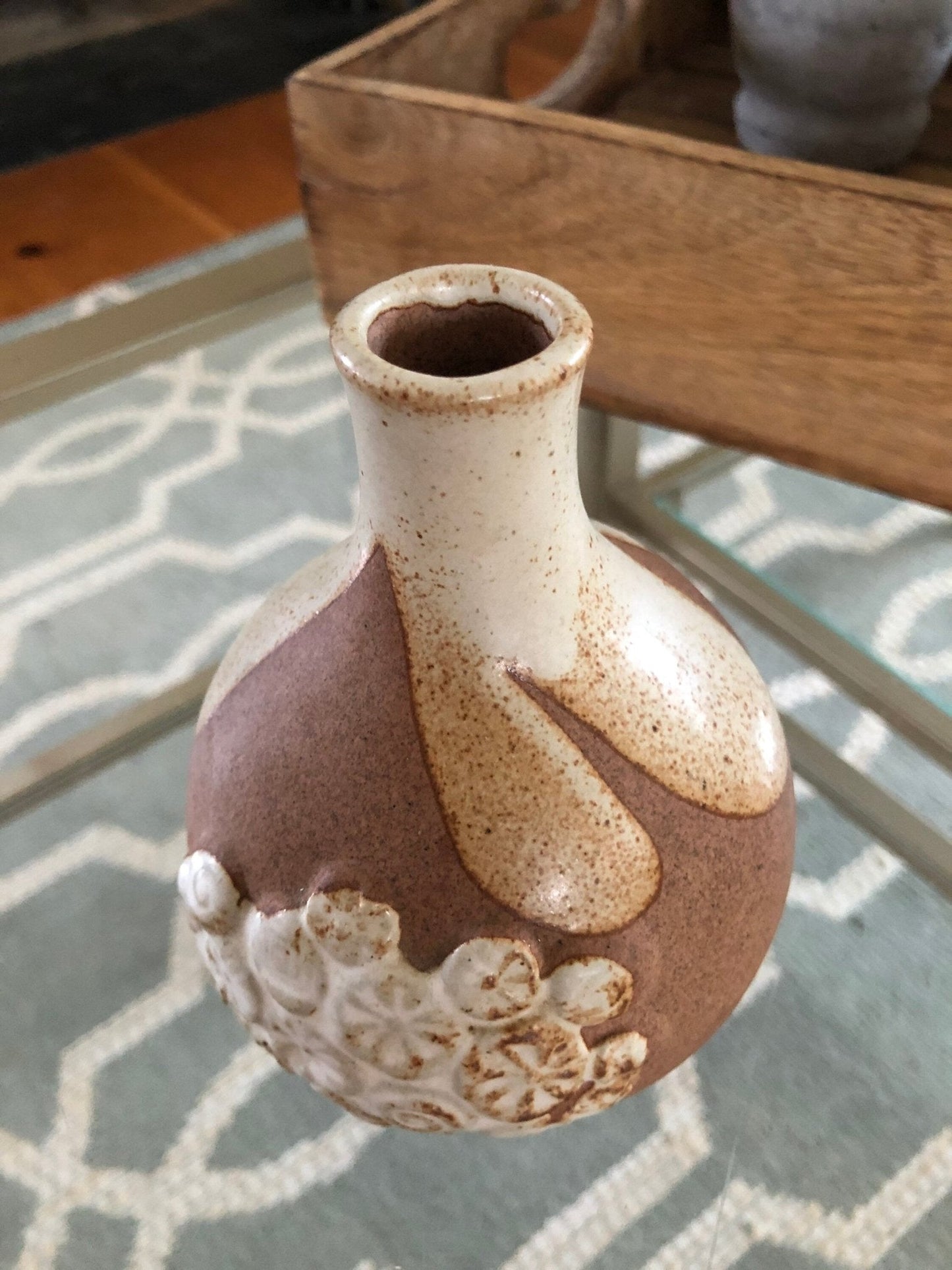 Hand - Made Pottery Bud Vase — Geometric Floral, Brown & Beige, 5"H, Chip at Mouth - Loom Vintage