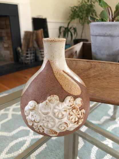 Hand - Made Pottery Bud Vase — Geometric Floral, Brown & Beige, 5"H, Chip at Mouth - Loom Vintage