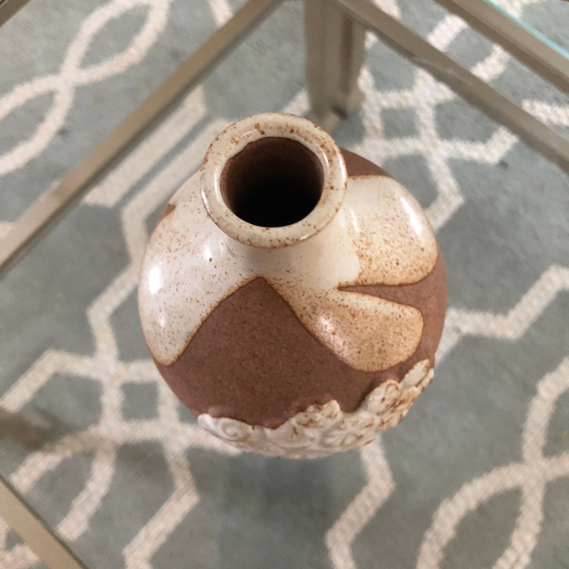 Hand - Made Pottery Bud Vase — Geometric Floral, Brown & Beige, 5"H, Chip at Mouth - Loom Vintage