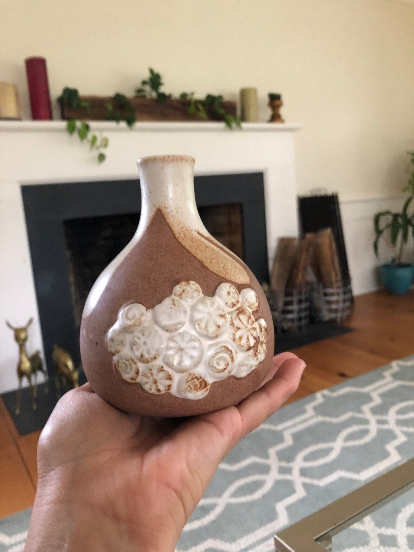 Hand - Made Pottery Bud Vase — Geometric Floral, Brown & Beige, 5"H, Chip at Mouth - Loom Vintage