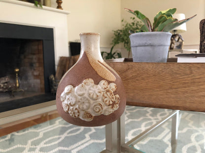 Hand - Made Pottery Bud Vase — Geometric Floral, Brown & Beige, 5"H, Chip at Mouth - Loom Vintage
