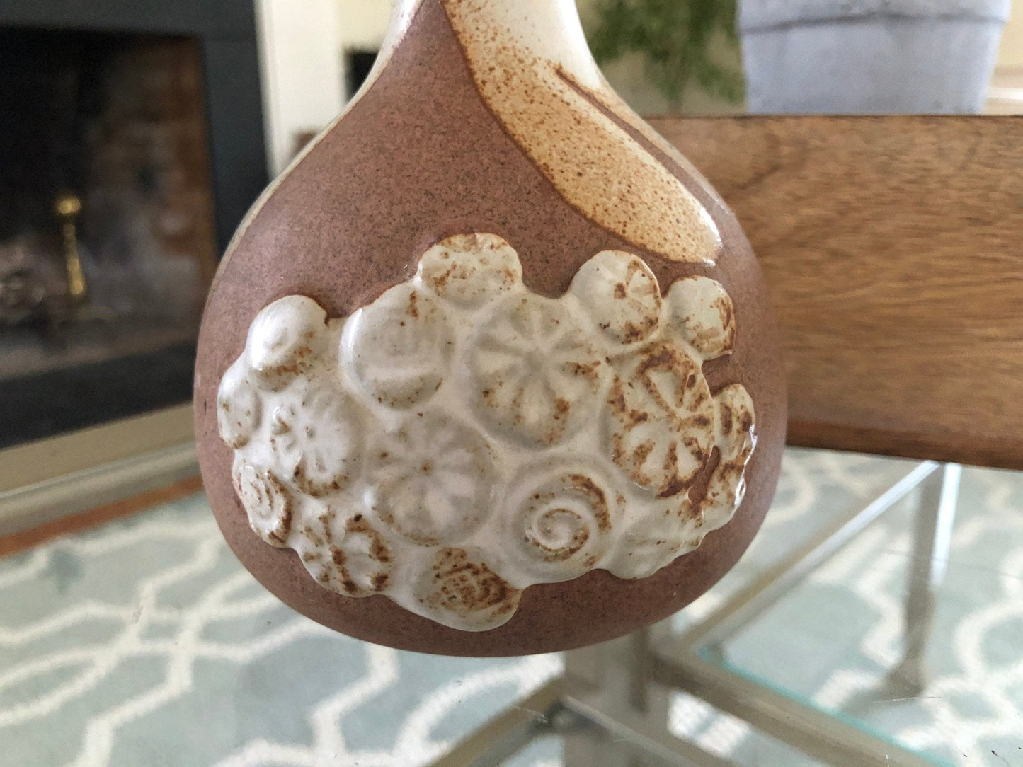 Hand - Made Pottery Bud Vase — Geometric Floral, Brown & Beige, 5"H, Chip at Mouth - Loom Vintage