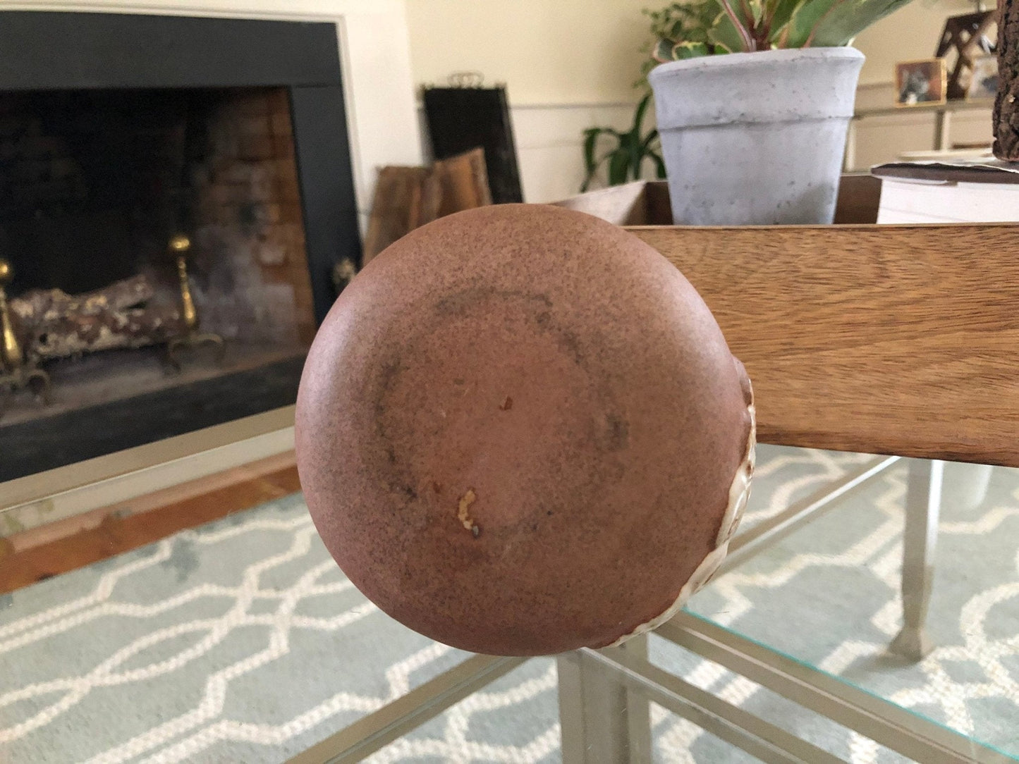 Hand - Made Pottery Bud Vase — Geometric Floral, Brown & Beige, 5"H, Chip at Mouth - Loom Vintage