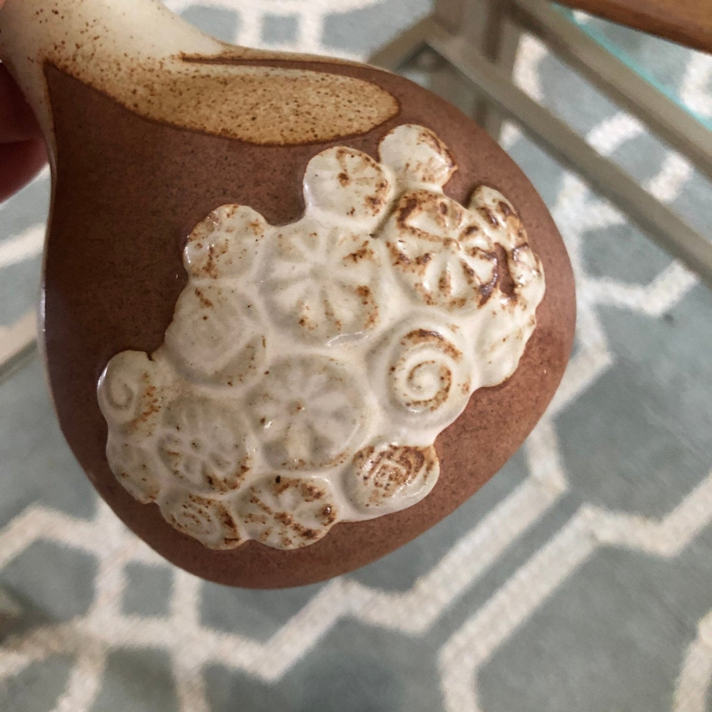 Hand - Made Pottery Bud Vase — Geometric Floral, Brown & Beige, 5"H, Chip at Mouth - Loom Vintage