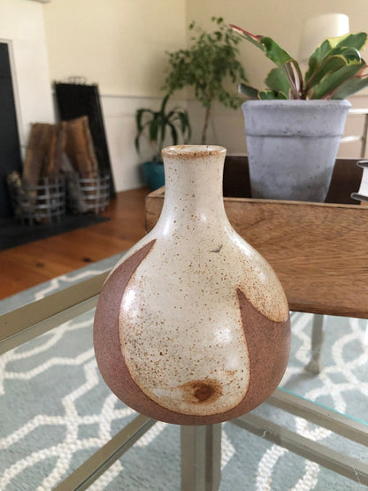 Hand - Made Pottery Bud Vase — Geometric Floral, Brown & Beige, 5"H, Chip at Mouth - Loom Vintage