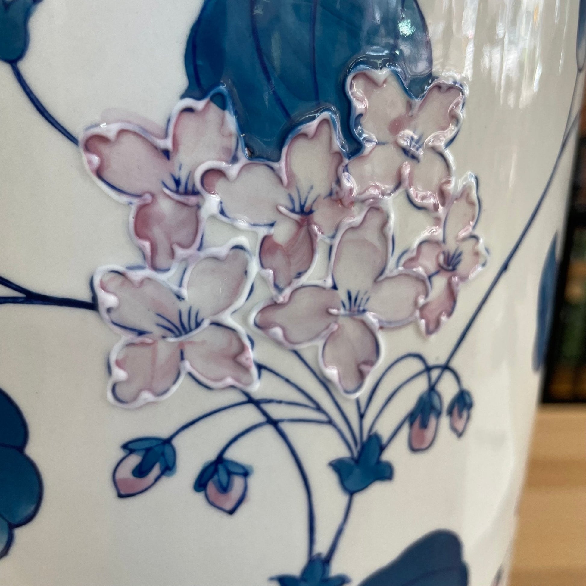 Hand - Painted Blue and White Porcelain Umbrella Holder, Floral Design - Loom Vintage