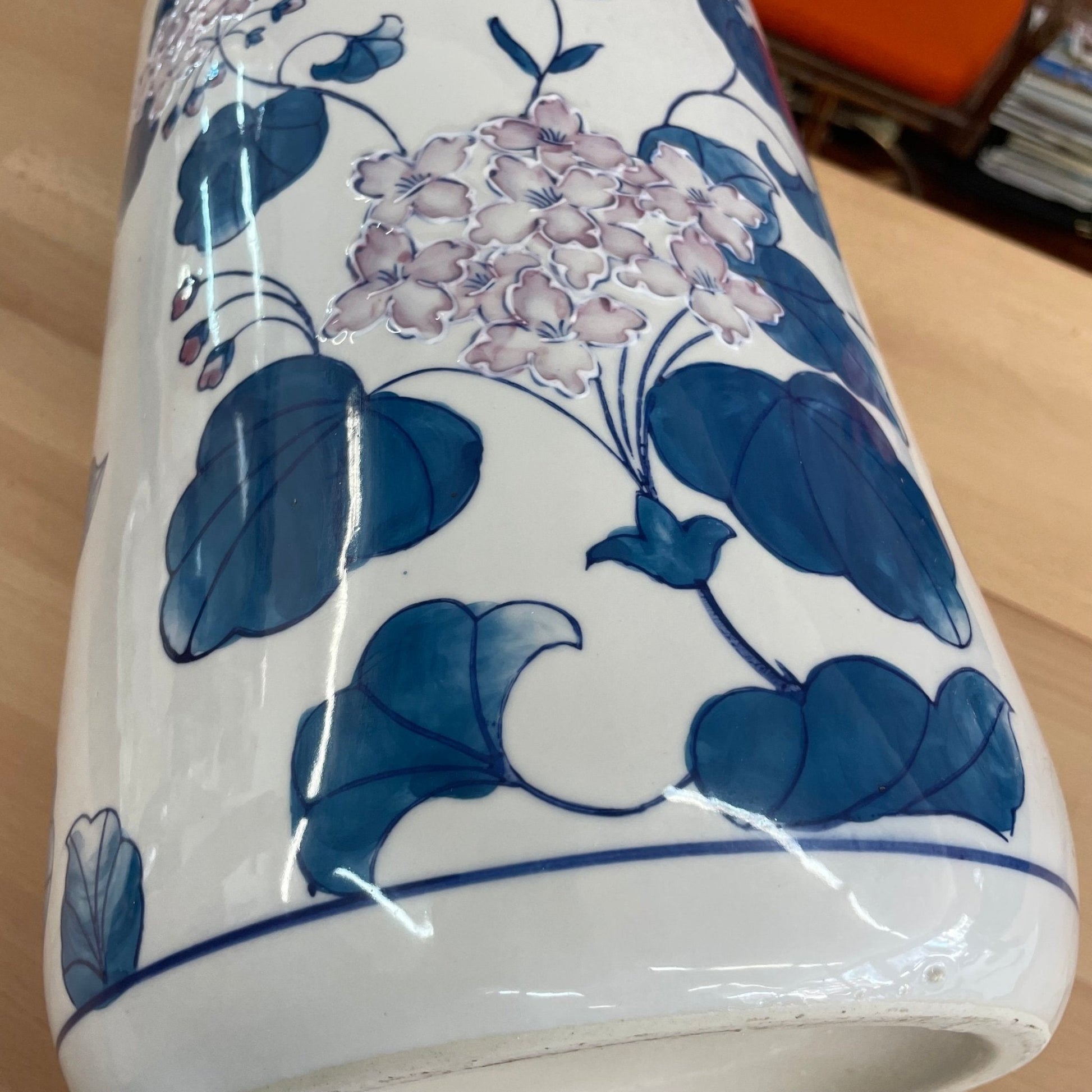 Hand - Painted Blue and White Porcelain Umbrella Holder, Floral Design - Loom Vintage