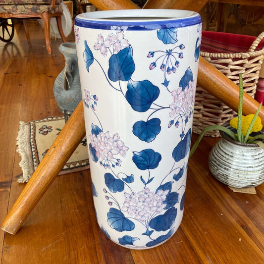Hand - Painted Blue and White Porcelain Umbrella Holder, Floral Design - Loom Vintage