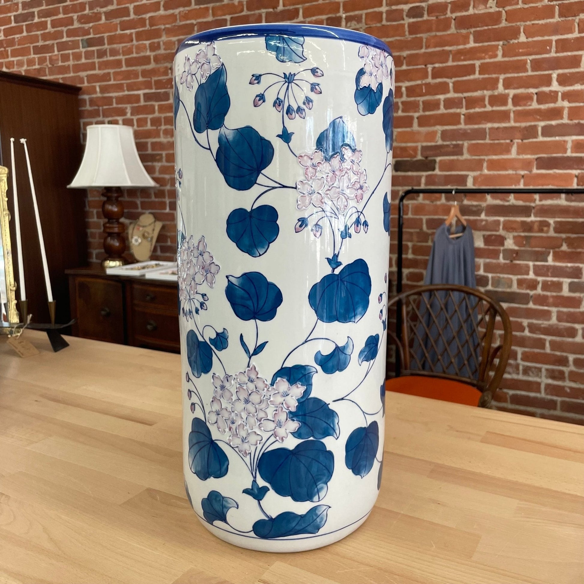 Hand - Painted Blue and White Porcelain Umbrella Holder, Floral Design - Loom Vintage