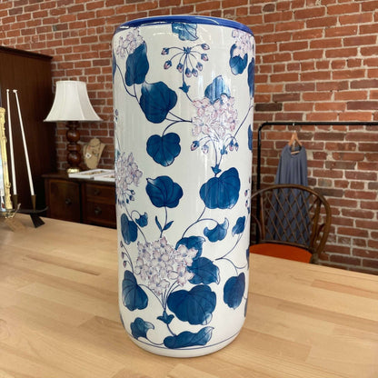Hand - Painted Blue and White Porcelain Umbrella Holder, Floral Design - Loom Vintage