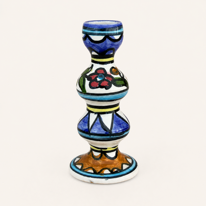 Single hand-painted ceramic candle holder with blue and floral design