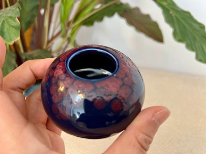 Hand - Painted Ceramic Catchall Bowl — Blue with Red Floral Detail, 3"W - Loom Vintage