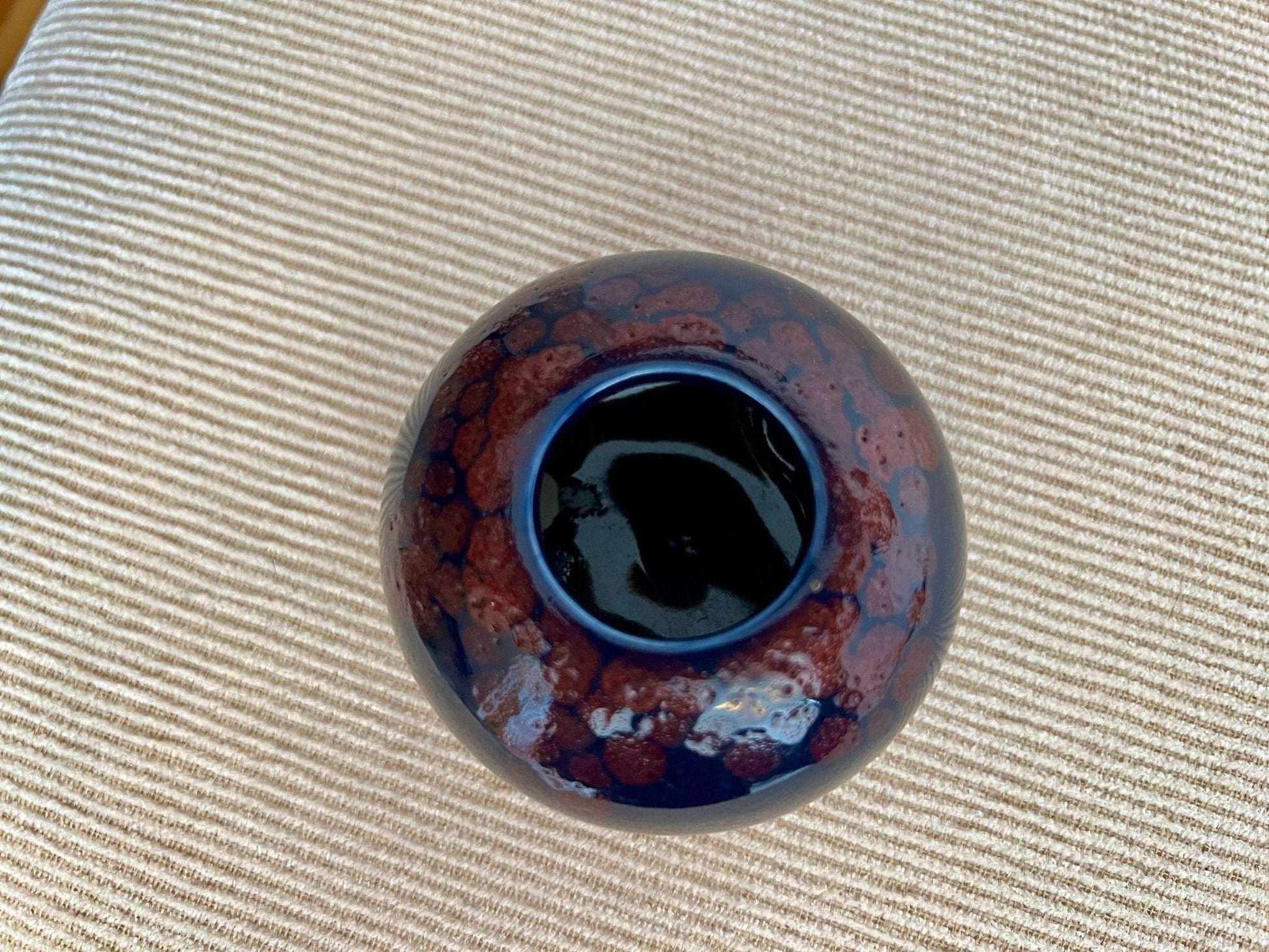 Hand - Painted Ceramic Catchall Bowl — Blue with Red Floral Detail, 3"W - Loom Vintage