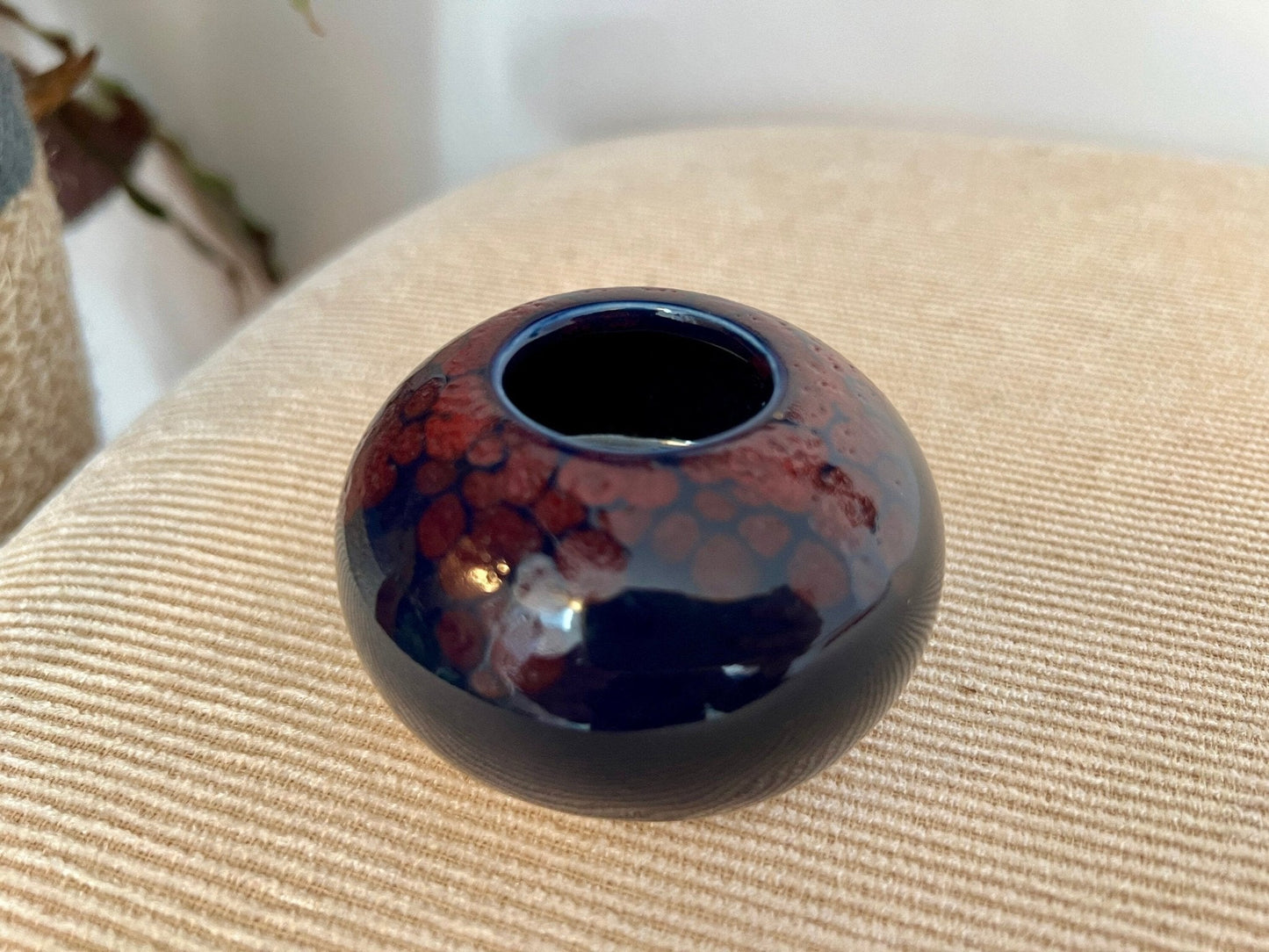 Hand - Painted Ceramic Catchall Bowl — Blue with Red Floral Detail, 3"W - Loom Vintage