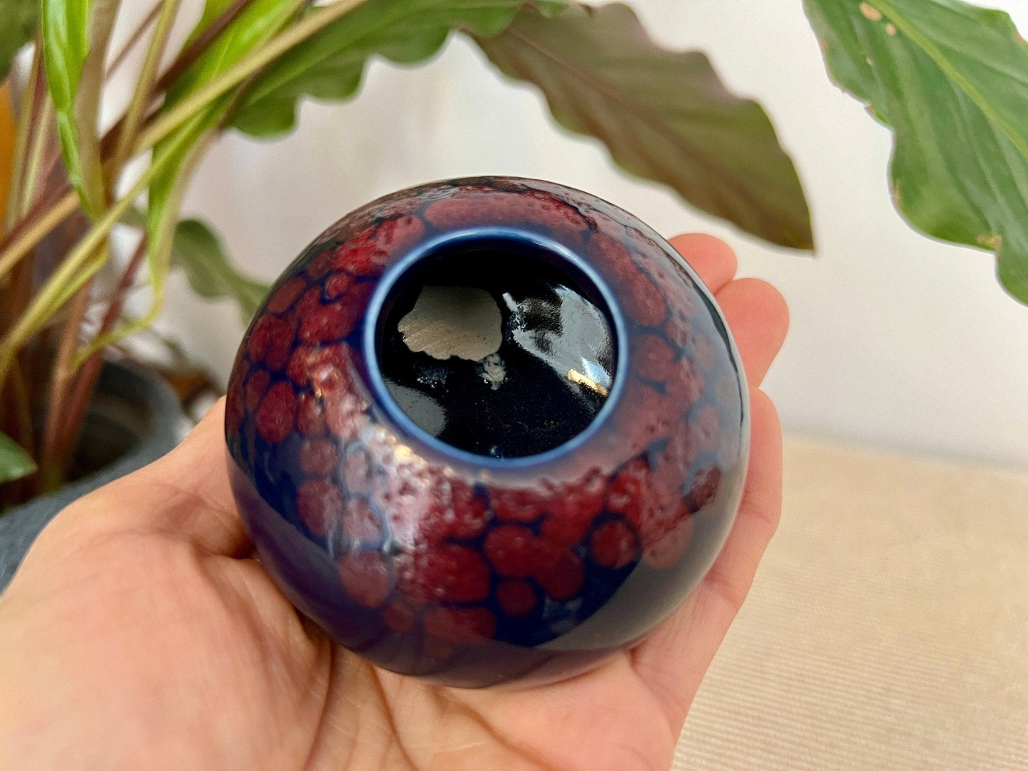 Hand - Painted Ceramic Catchall Bowl — Blue with Red Floral Detail, 3"W - Loom Vintage