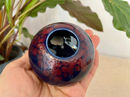 Hand - Painted Ceramic Catchall Bowl — Blue with Red Floral Detail, 3"W - Loom Vintage