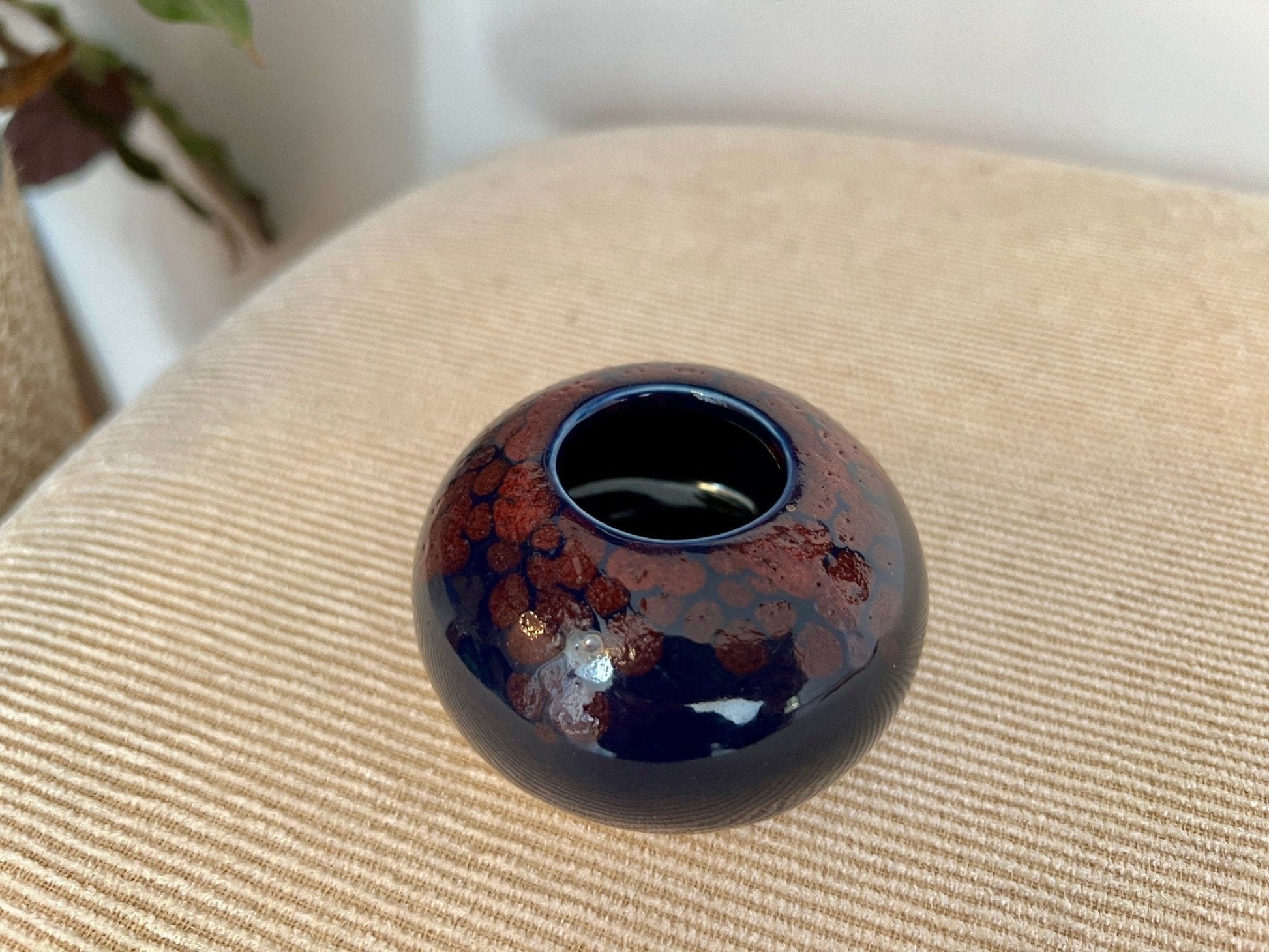 Hand - Painted Ceramic Catchall Bowl — Blue with Red Floral Detail, 3"W - Loom Vintage
