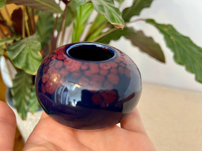 Hand - Painted Ceramic Catchall Bowl — Blue with Red Floral Detail, 3"W - Loom Vintage
