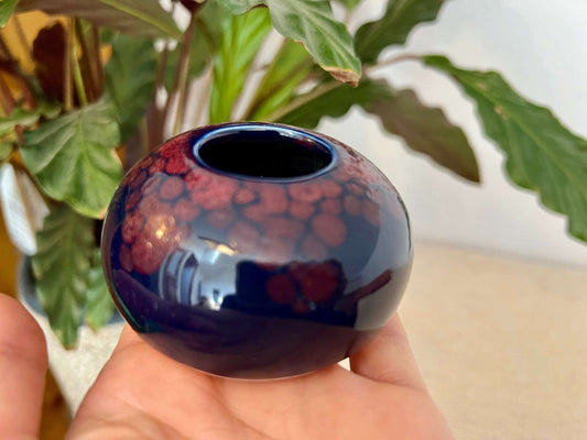 Hand - Painted Ceramic Catchall Bowl — Blue with Red Floral Detail, 3"W - Loom Vintage