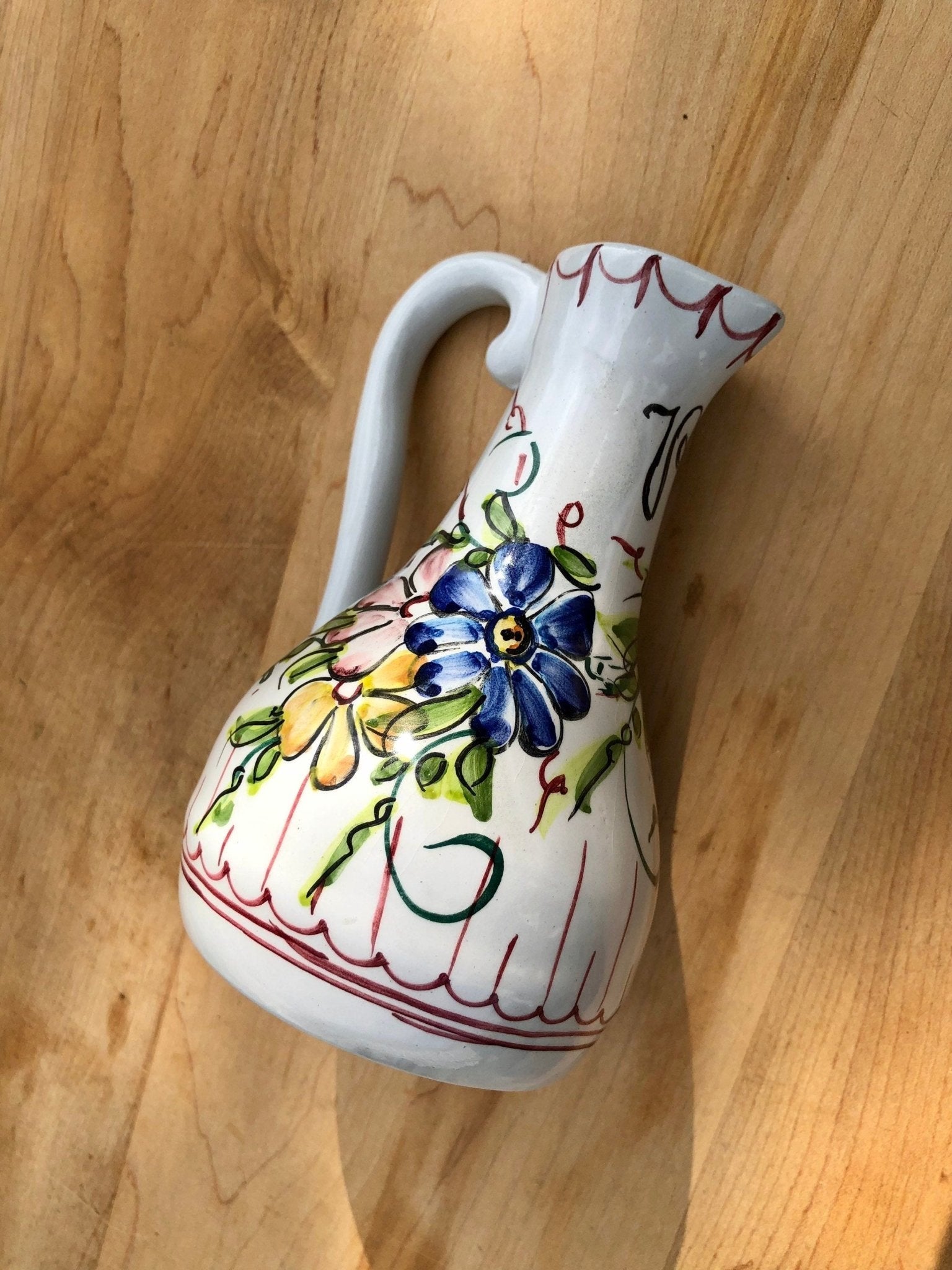 Hand Painted Ceramic Floral Design Pitcher, Floral Arrangement, Portugal Pottery, Olive Oil Bottle - Loom Vintage