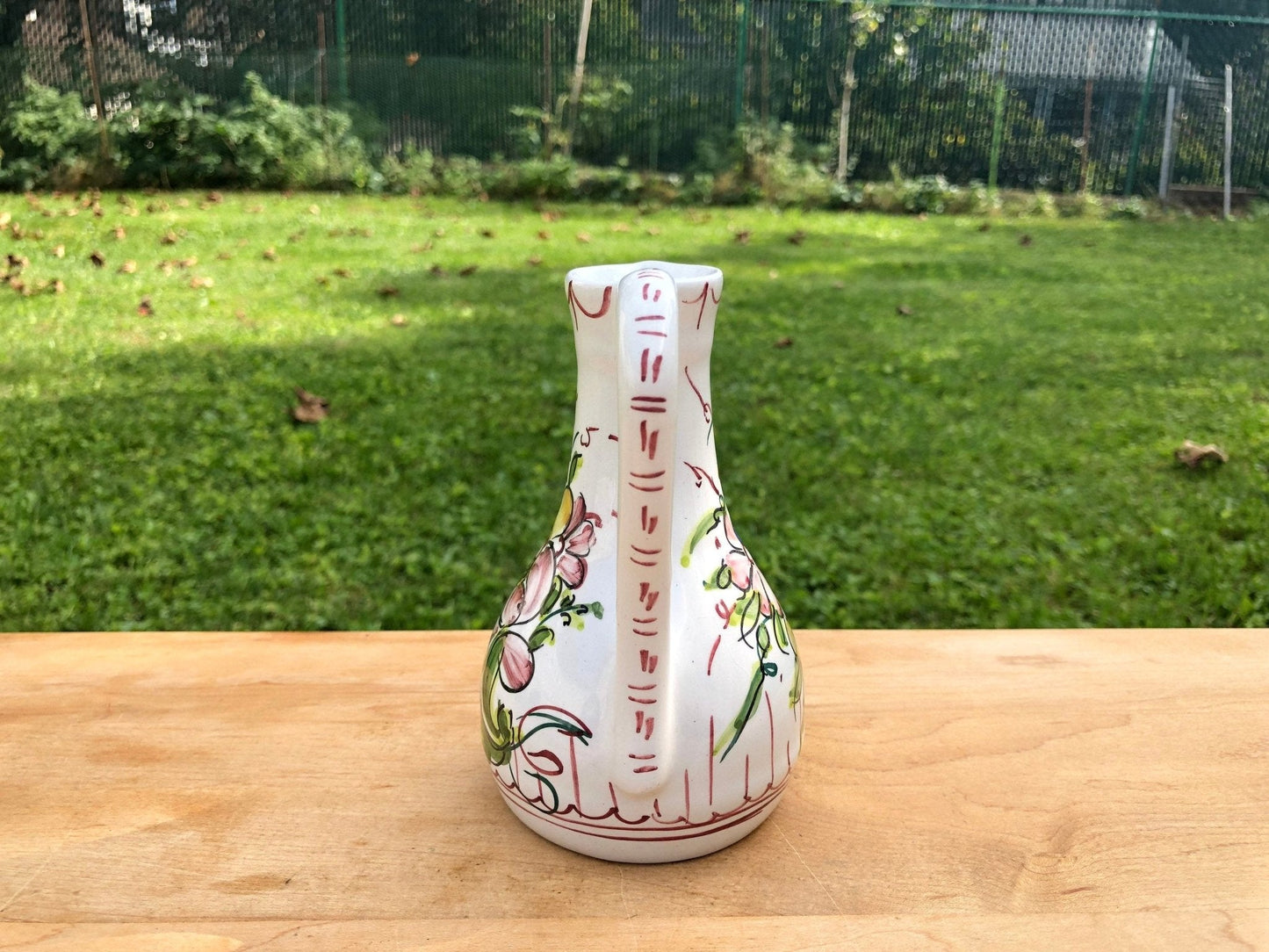 Hand Painted Ceramic Floral Design Pitcher, Floral Arrangement, Portugal Pottery, Olive Oil Bottle - Loom Vintage