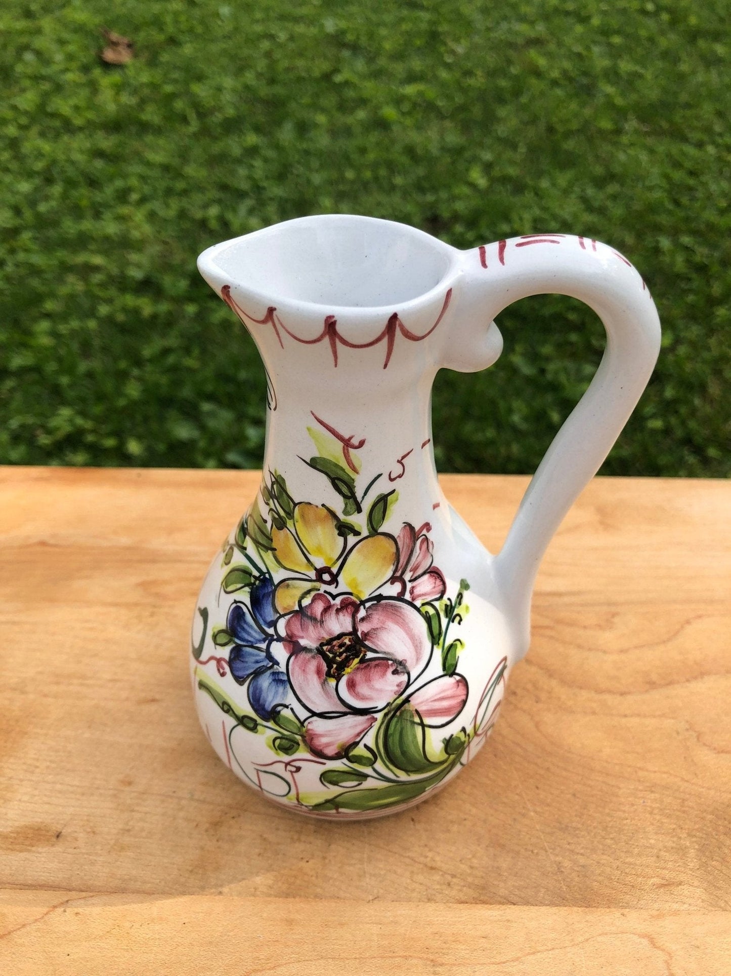 Hand Painted Ceramic Floral Design Pitcher, Floral Arrangement, Portugal Pottery, Olive Oil Bottle - Loom Vintage