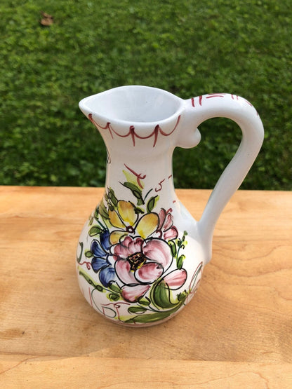 Hand Painted Ceramic Floral Design Pitcher, Floral Arrangement, Portugal Pottery, Olive Oil Bottle - Loom Vintage