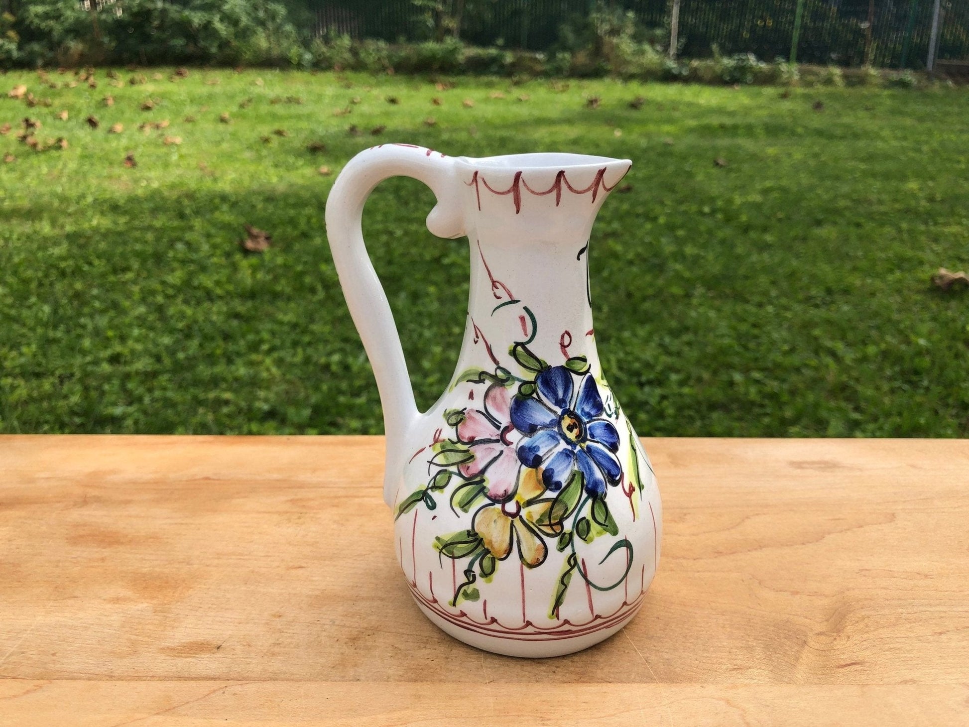 Hand Painted Ceramic Floral Design Pitcher, Floral Arrangement, Portugal Pottery, Olive Oil Bottle - Loom Vintage