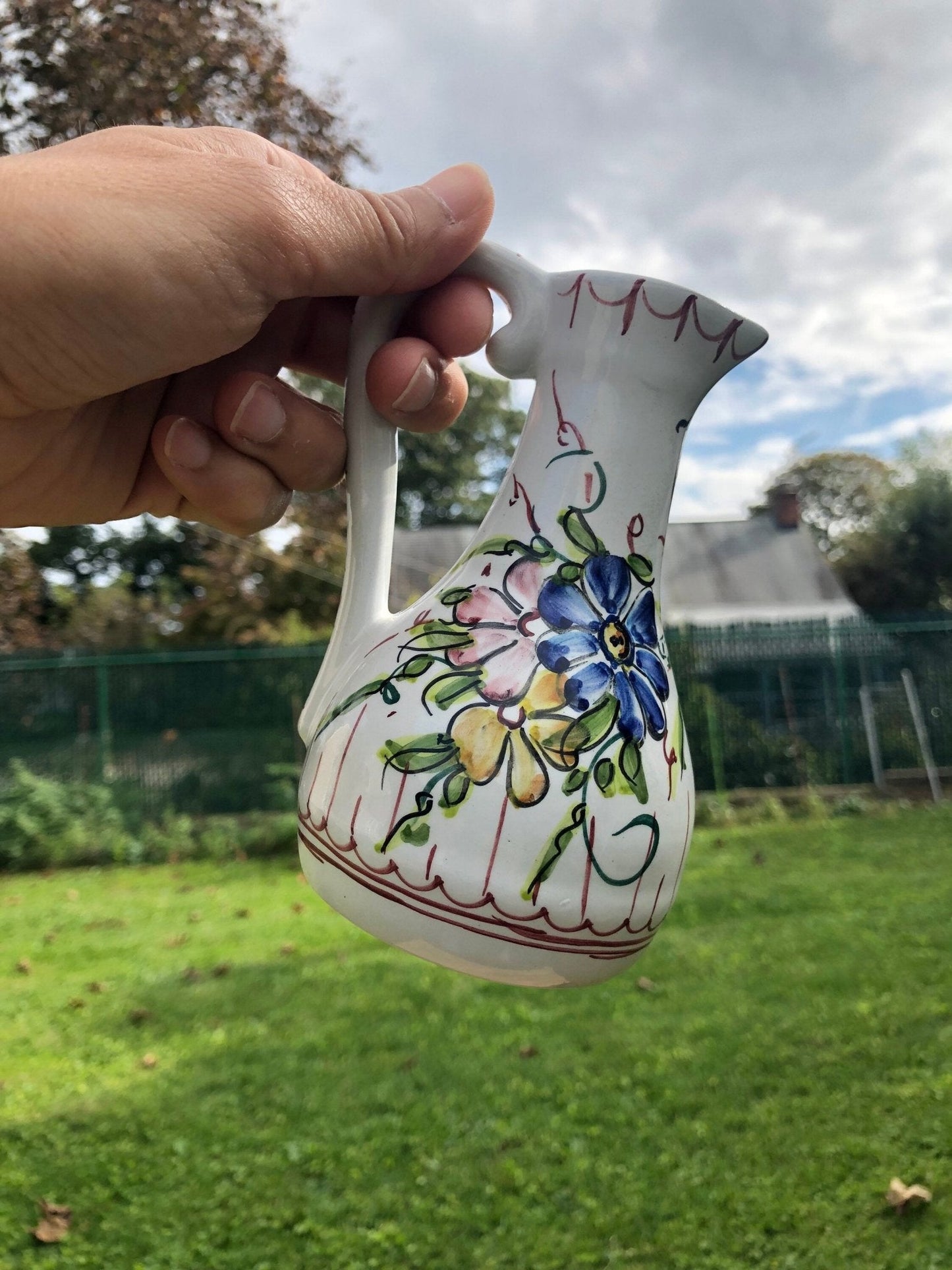 Hand Painted Ceramic Floral Design Pitcher, Floral Arrangement, Portugal Pottery, Olive Oil Bottle - Loom Vintage