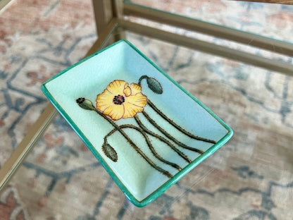 Hand - Painted Ceramic Trinket Dish — Blue with Yellow & Green Floral, 4.5" x 3", French Market - Loom Vintage